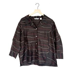 vtg french laundry silk blouse - button-up swirling line embroidery - XL